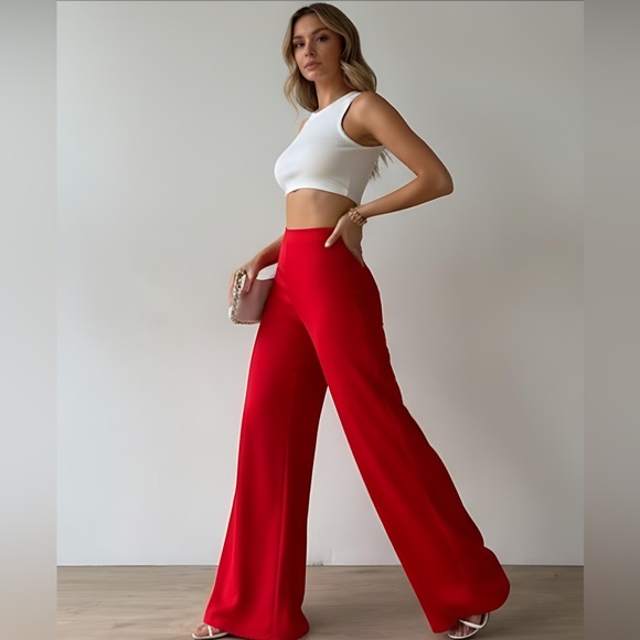 Red High Waist Wide Leg Pants - Picture 3 of 8